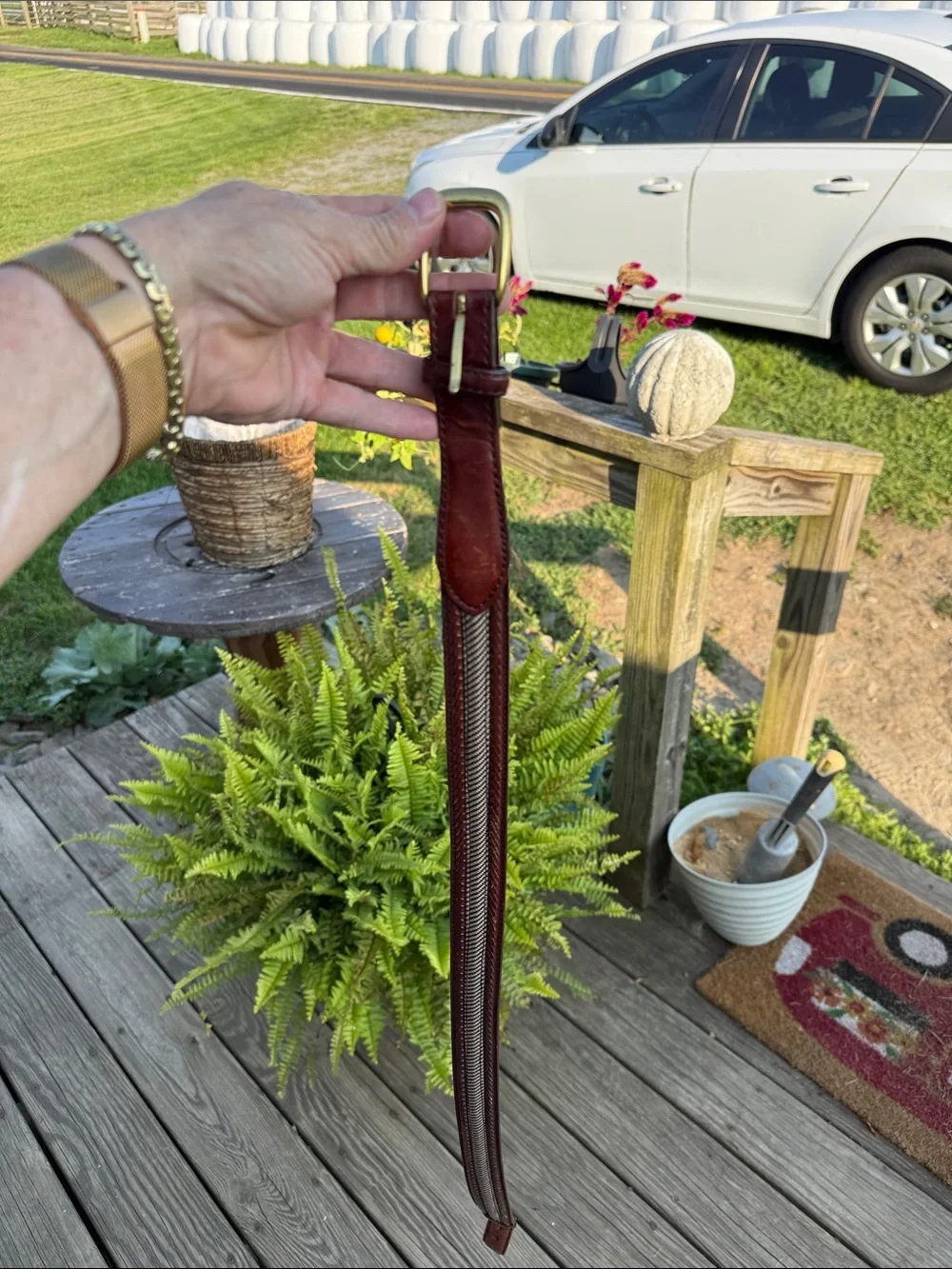 Brighton Brown Leather Belt with Woven Inlay and Brass Buckle